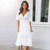 Deep V-Neck Short Sleeve Crochet Waist Tiered Midi Dress