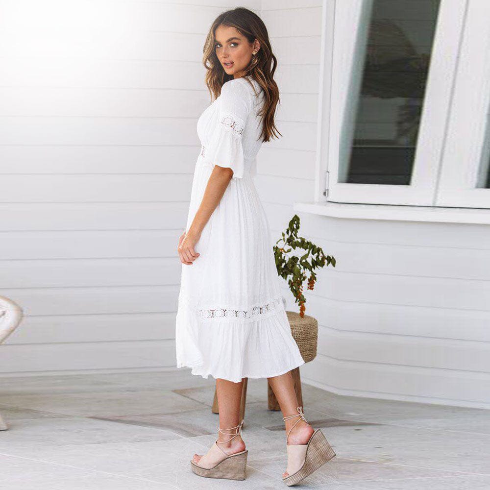 Deep V-Neck Short Sleeve Crochet Waist Tiered Midi Dress 2