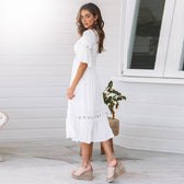 Deep V-Neck Short Sleeve Crochet Waist Tiered Midi Dress 2