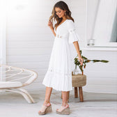 Deep V-Neck Short Sleeve Crochet Waist Tiered Midi Dress 3