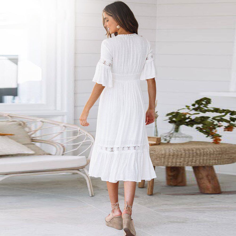 Deep V-Neck Short Sleeve Crochet Waist Tiered Midi Dress 4