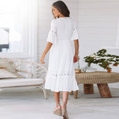 Deep V-Neck Short Sleeve Crochet Waist Tiered Midi Dress 4