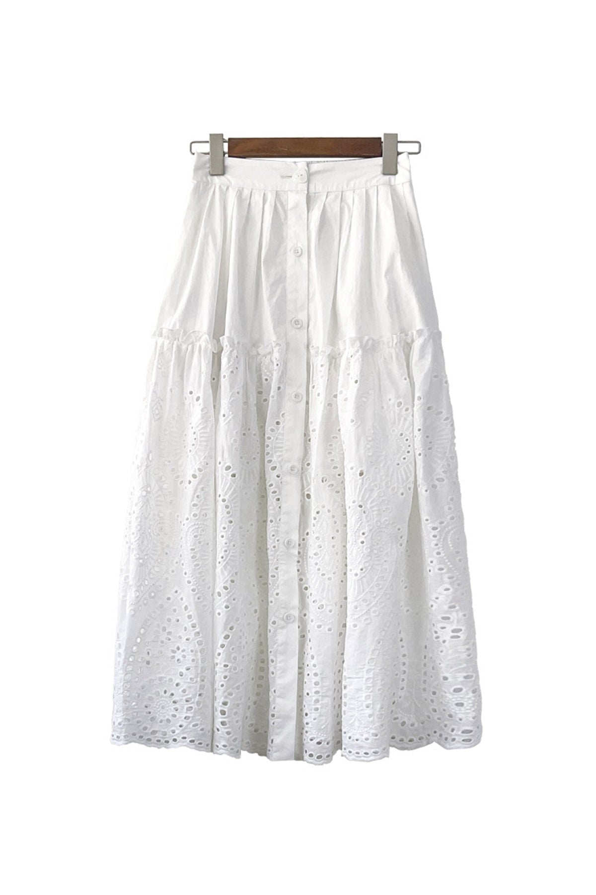 Eyelet Embroidered Button Front Tiered Midi Skirt 5