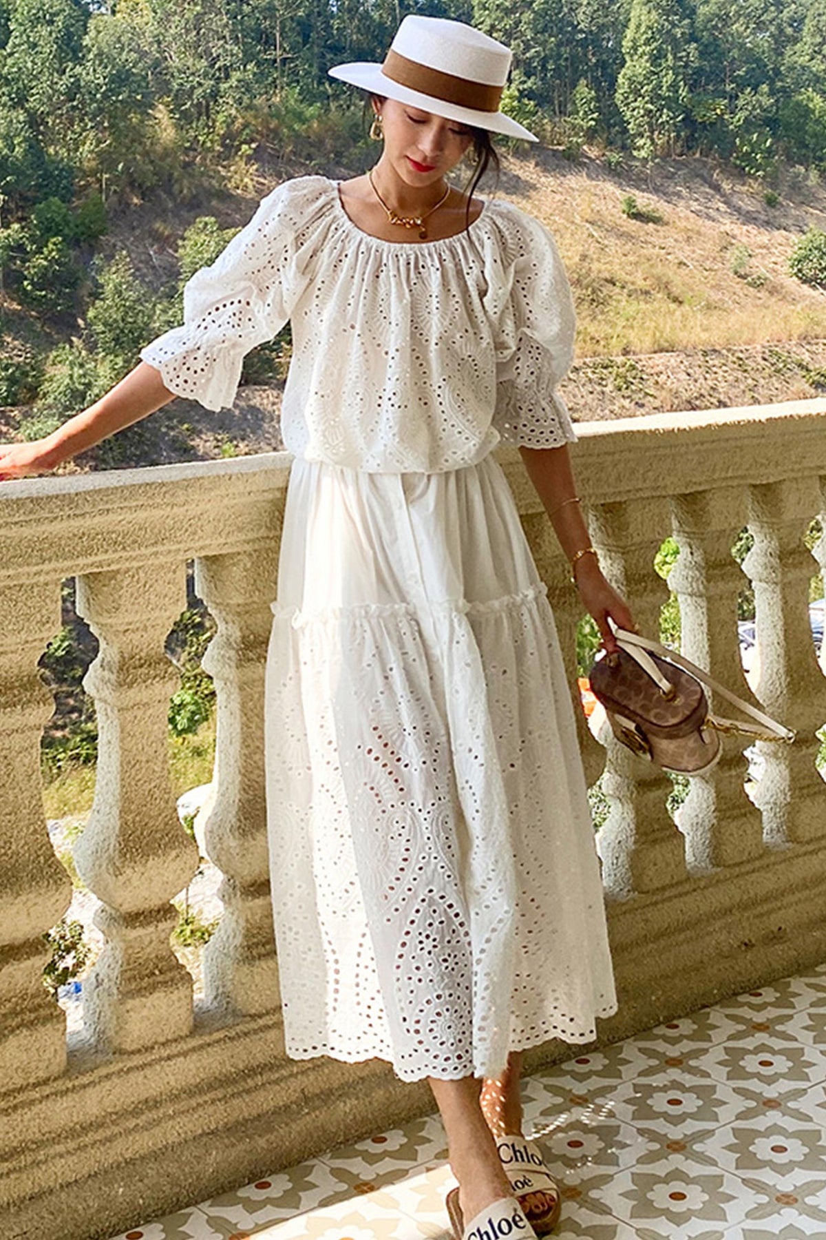 Eyelet Embroidered Button Front Tiered Midi Skirt 4