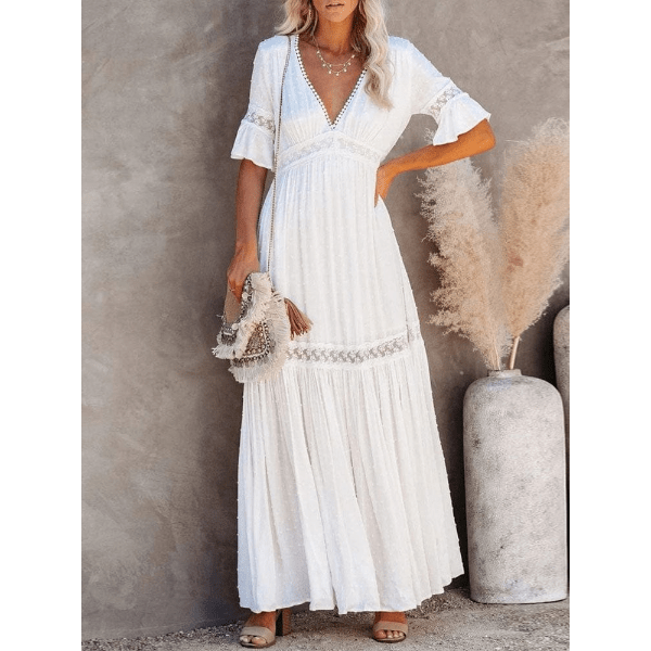 Lace Trim Deep V-Neck Flutter Sleeve Tiered Maxi Dress