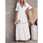 Lace Trim Deep V-Neck Flutter Sleeve Tiered Maxi Dress