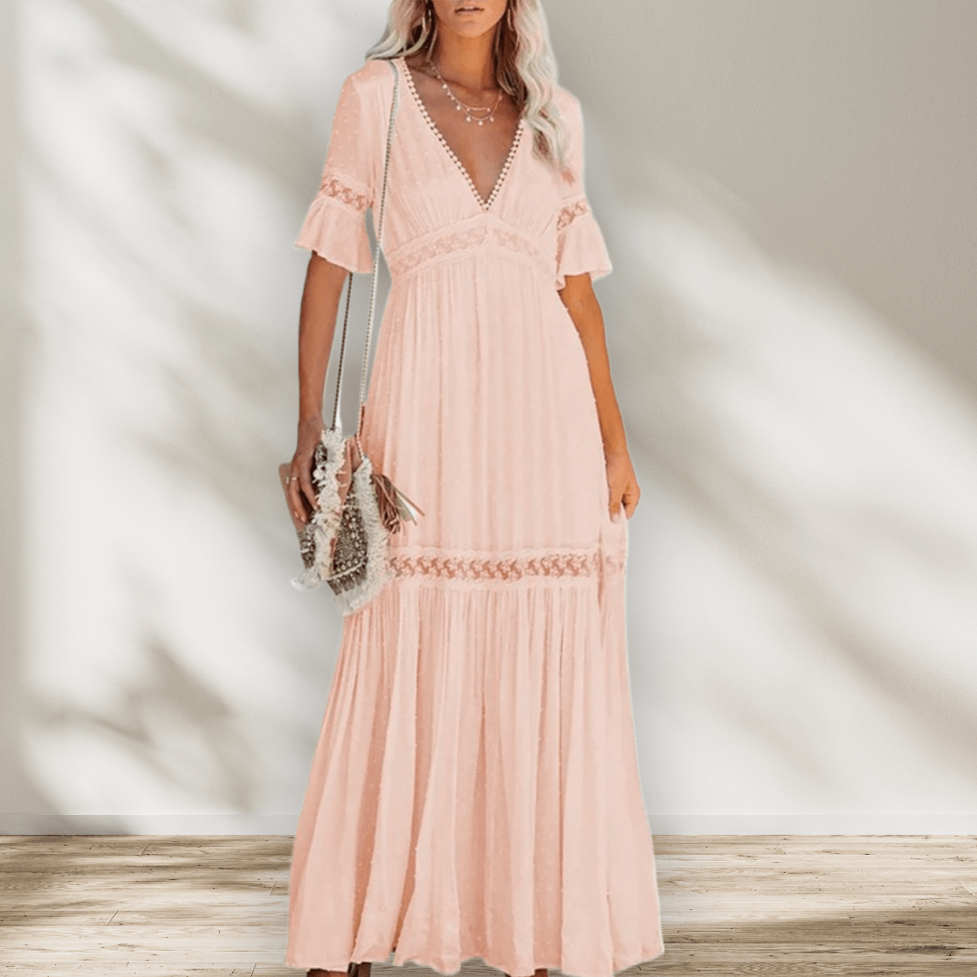 Lace Trim Deep V-Neck Flutter Sleeve Tiered Maxi Dress 2