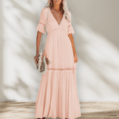 Lace Trim Deep V-Neck Flutter Sleeve Tiered Maxi Dress 2