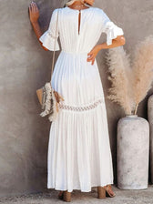 Lace Trim Deep V-Neck Flutter Sleeve Tiered Maxi Dress 3