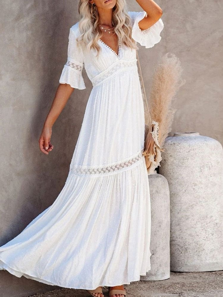 Lace Trim Deep V-Neck Flutter Sleeve Tiered Maxi Dress 5