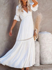 Lace Trim Deep V-Neck Flutter Sleeve Tiered Maxi Dress 5
