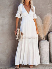Lace Trim Deep V-Neck Flutter Sleeve Tiered Maxi Dress 6
