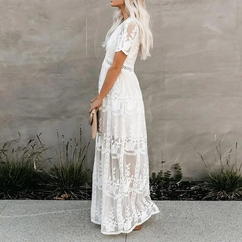 Lace Deep V-Neck Short Sleeve Crochet Waist Maxi Dress 3