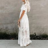 Lace Deep V-Neck Short Sleeve Crochet Waist Maxi Dress 3