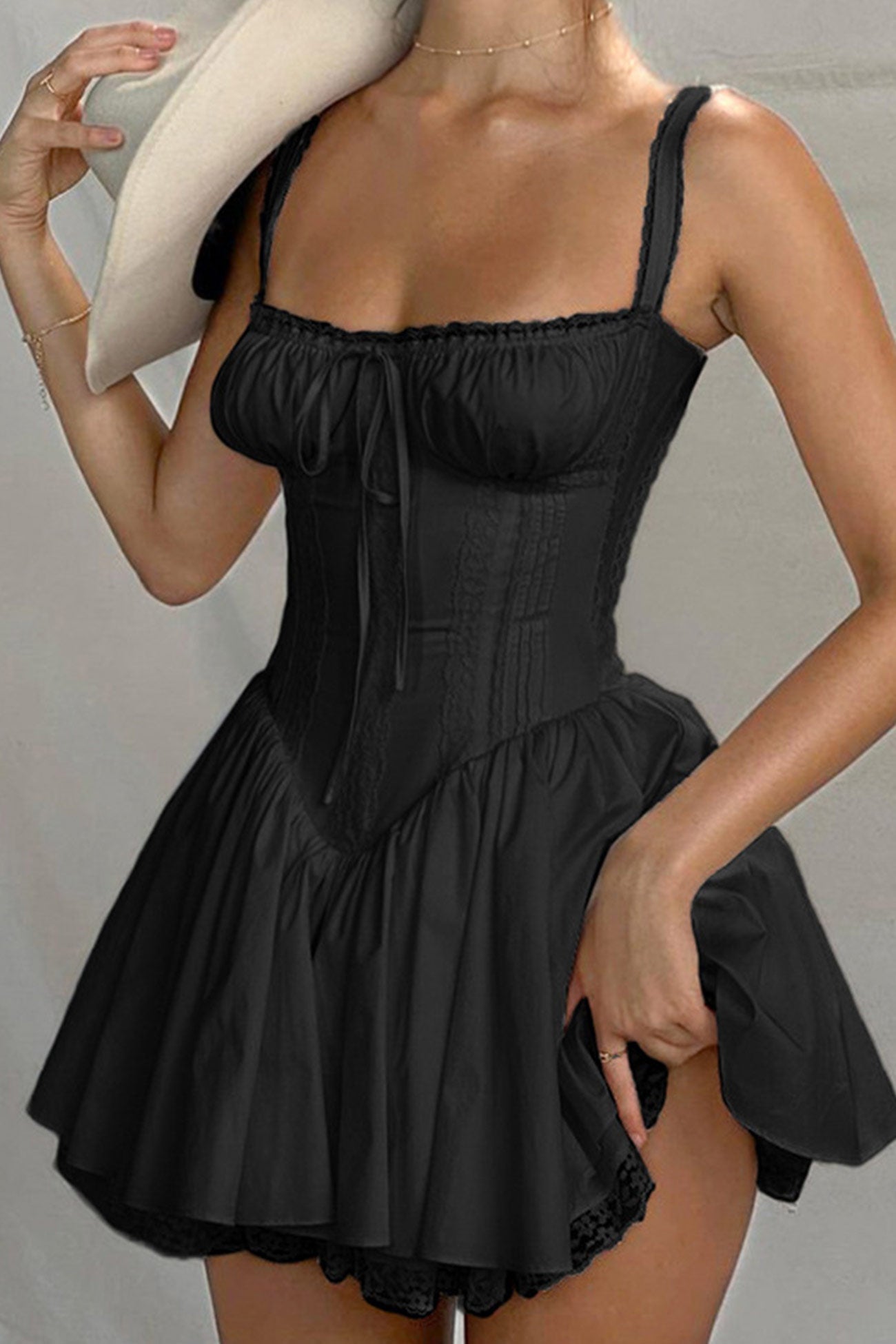 White Lace Stitching Strappy Ruched Cami Dress in Black - View 9