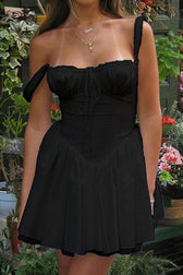 White Lace Stitching Strappy Ruched Cami Dress in Black - View 7