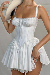 White Lace Stitching Strappy Ruched Cami Dress in Black - View 2