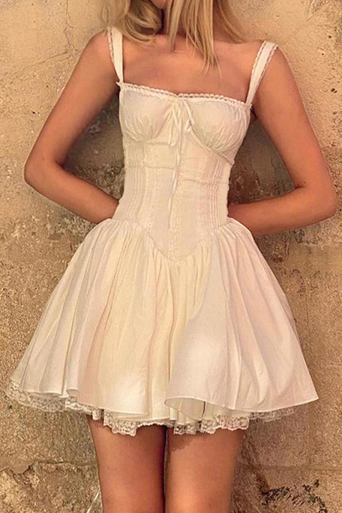 White Lace Stitching Strappy Ruched Cami Dress in Black - View 4