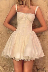 White Lace Stitching Strappy Ruched Cami Dress in Black - View 4