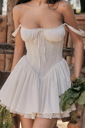 White Lace Stitching Strappy Ruched Cami Dress in Black