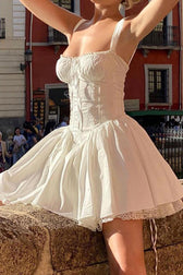 White Lace Stitching Strappy Ruched Cami Dress in Black - View 3