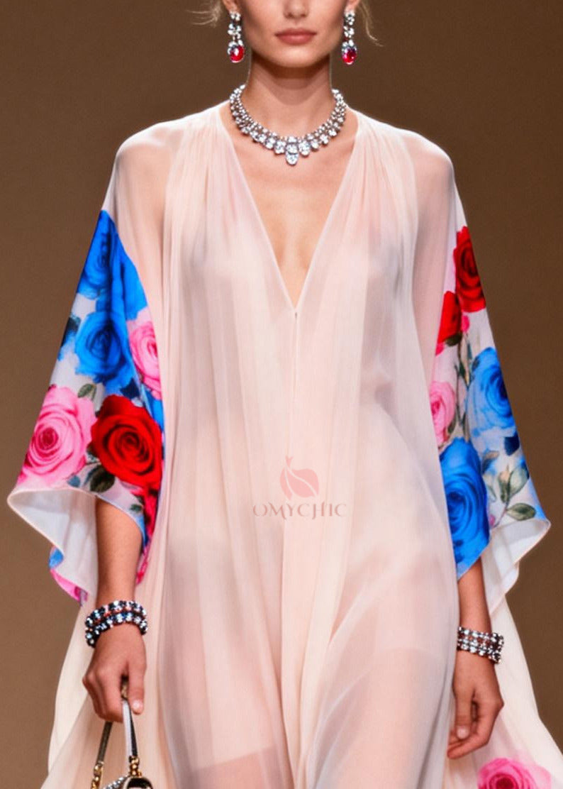 Floral Print Deep V-Neck Cape Sleeve Sheer Chiffon High Low Maxi Gown