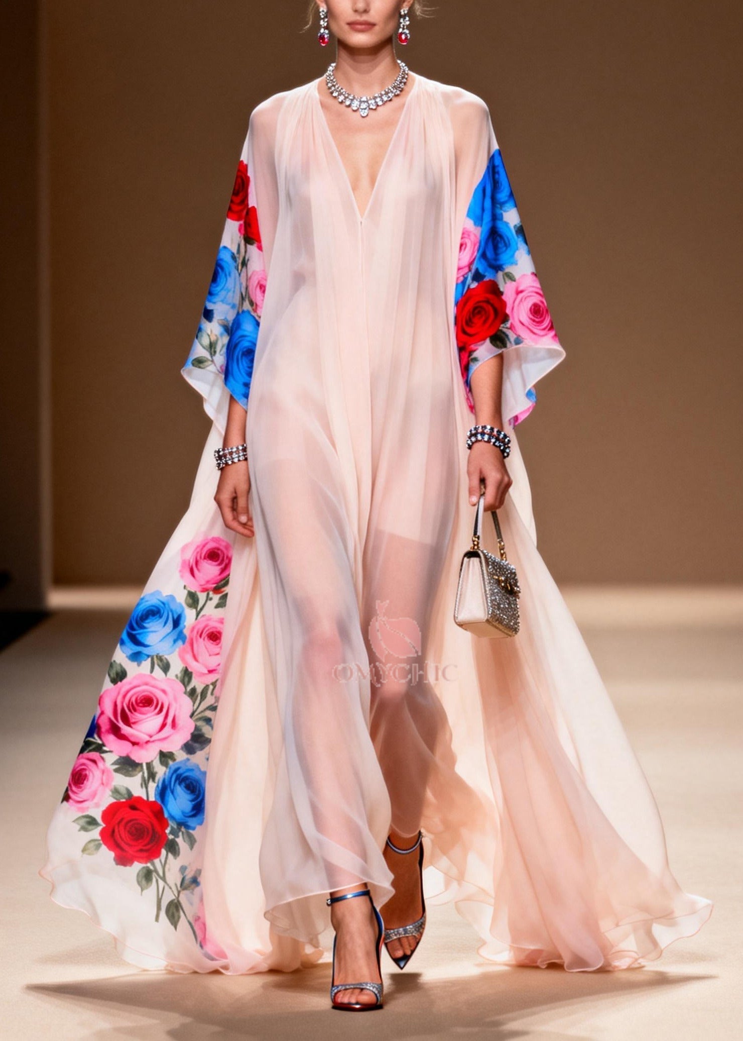 Floral Print Deep V-Neck Cape Sleeve Sheer Chiffon High Low Maxi Gown