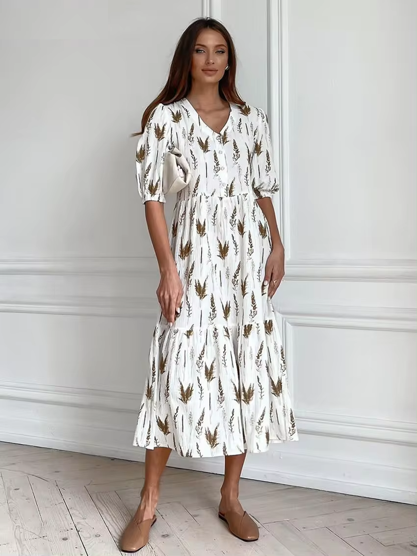 Isolda Summery Midi Dress with a V-neck for Women Relaxed Daywear
