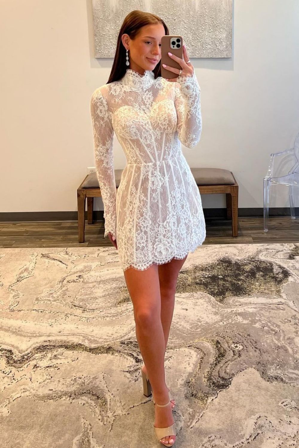 White A-Line High Neck Long Sleeves Short Lace Homecoming Dress