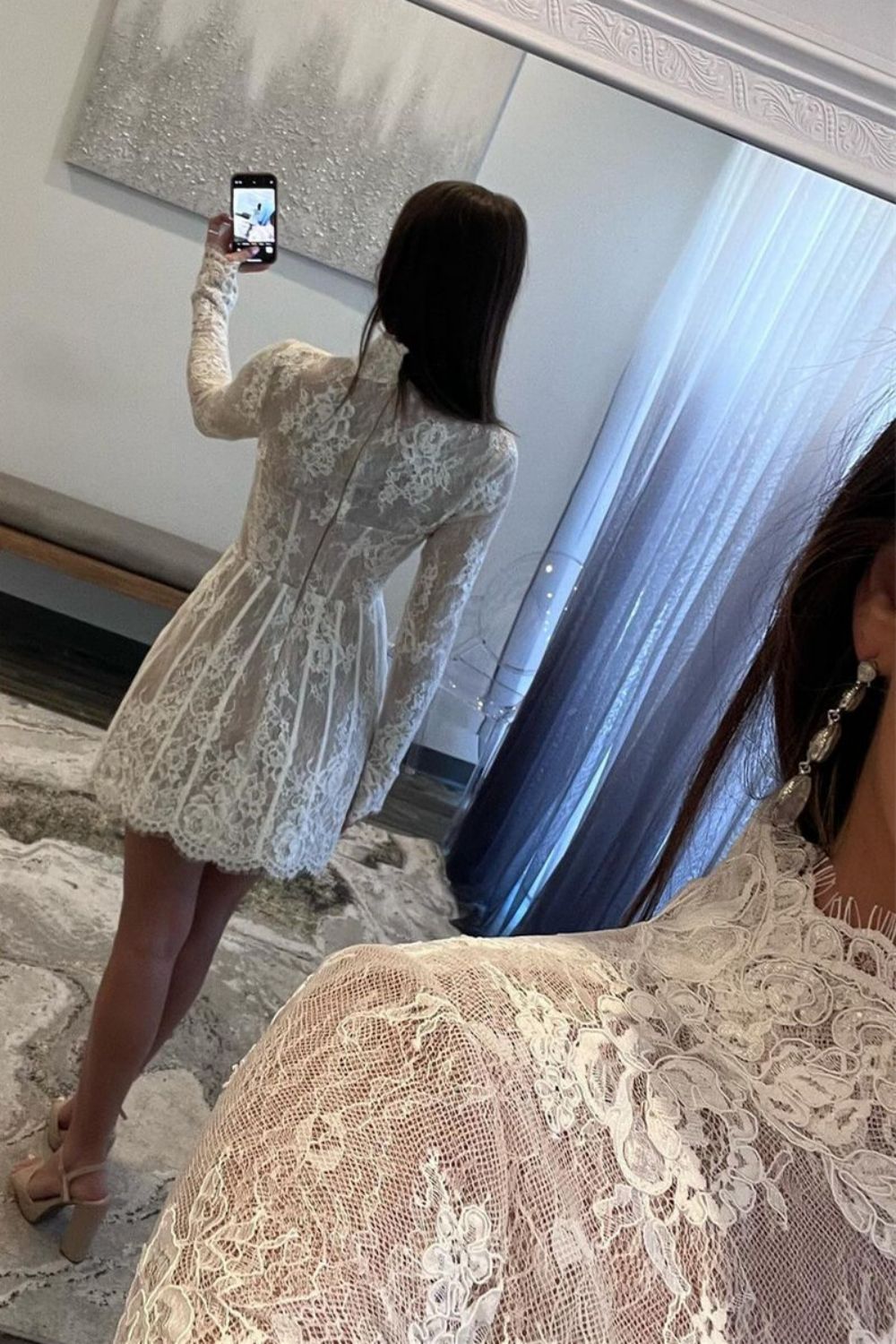 White A-Line High Neck Long Sleeves Short Lace Homecoming Dress