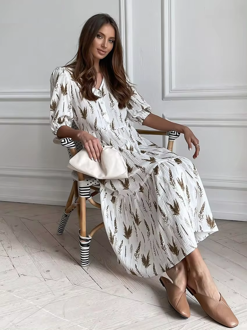 Isolda Summery Midi Dress with a V-neck for Women Relaxed Daywear