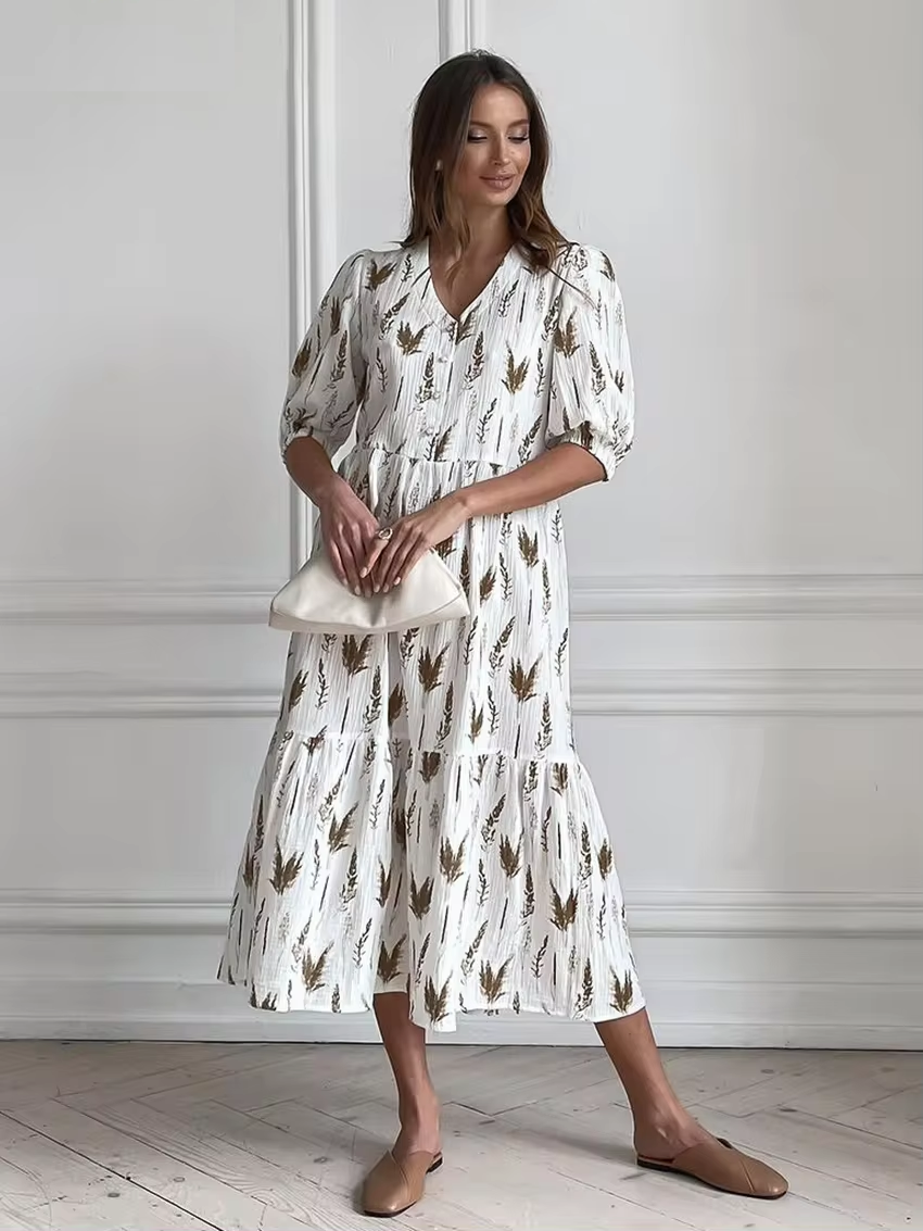 Isolda Summery Midi Dress with a V-neck for Women Relaxed Daywear