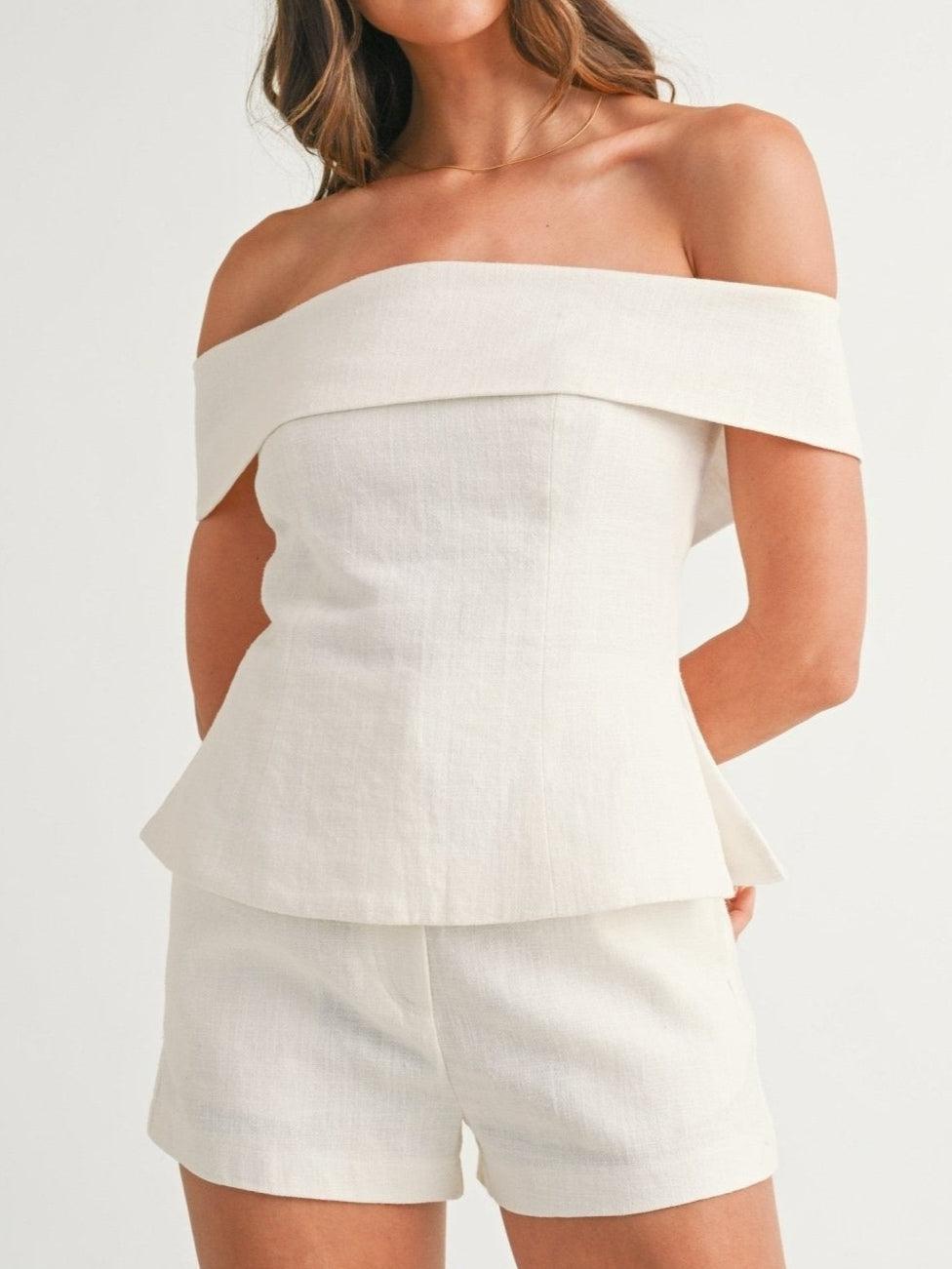 Off Shoulder Foldover Peplum Top and Shorts Two Piece Set
