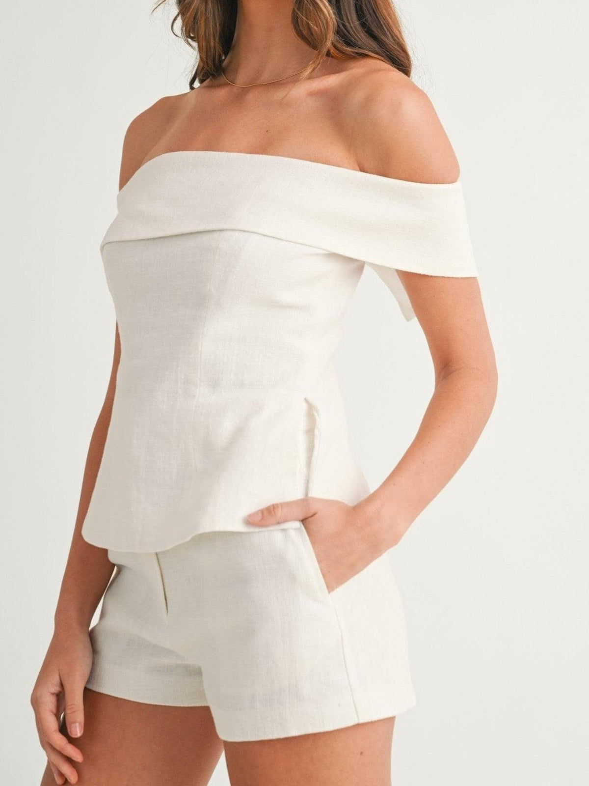 Off Shoulder Foldover Peplum Top and Shorts Two Piece Set