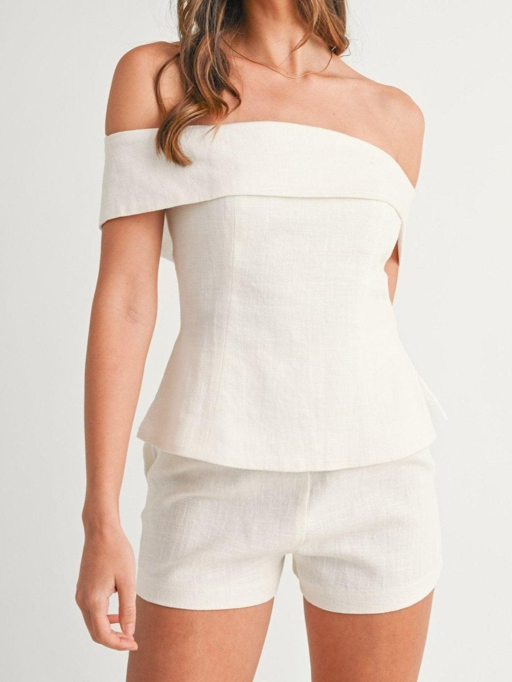 Off Shoulder Foldover Peplum Top and Shorts Two Piece Set