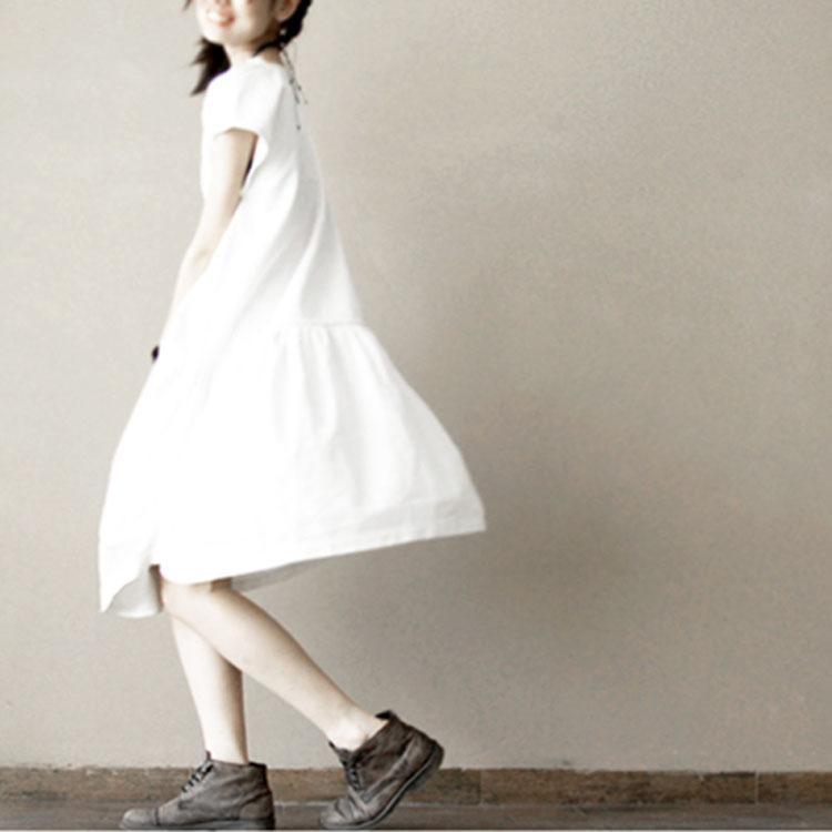 White cotton summer dress natural fit flare dress short sleeve sundress