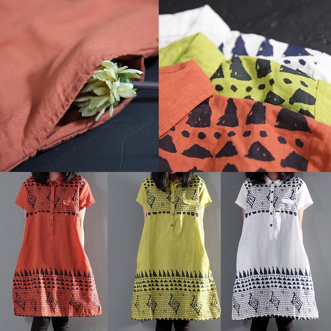 White retro summer linen dress oversize shift dresses short sleeve casual sundress