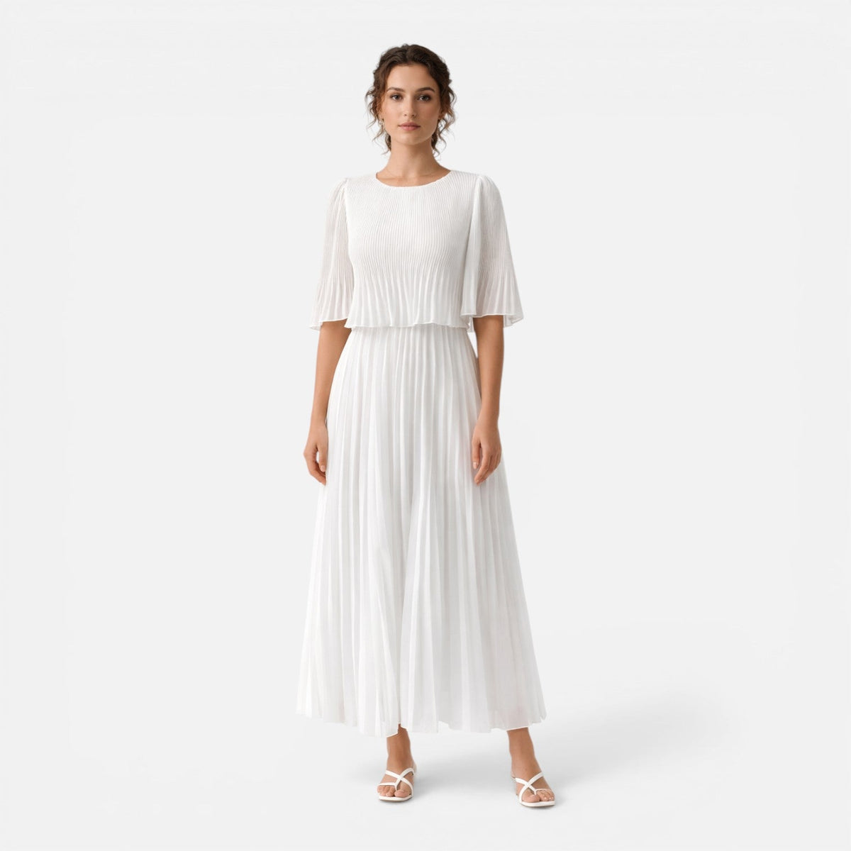 Women's White Chiffon Pleated Maxi Dress