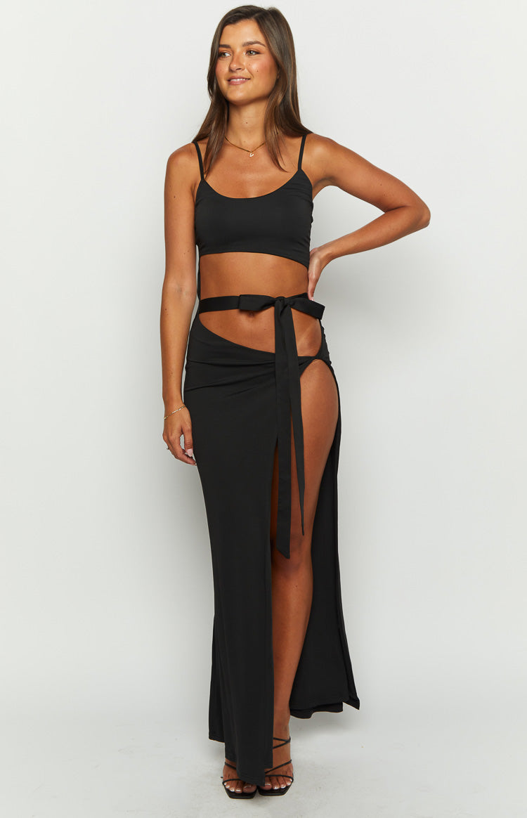 Scoop Neck Crop Cami Top and Tie Waist High Split Maxi Skirt Two Piece Set