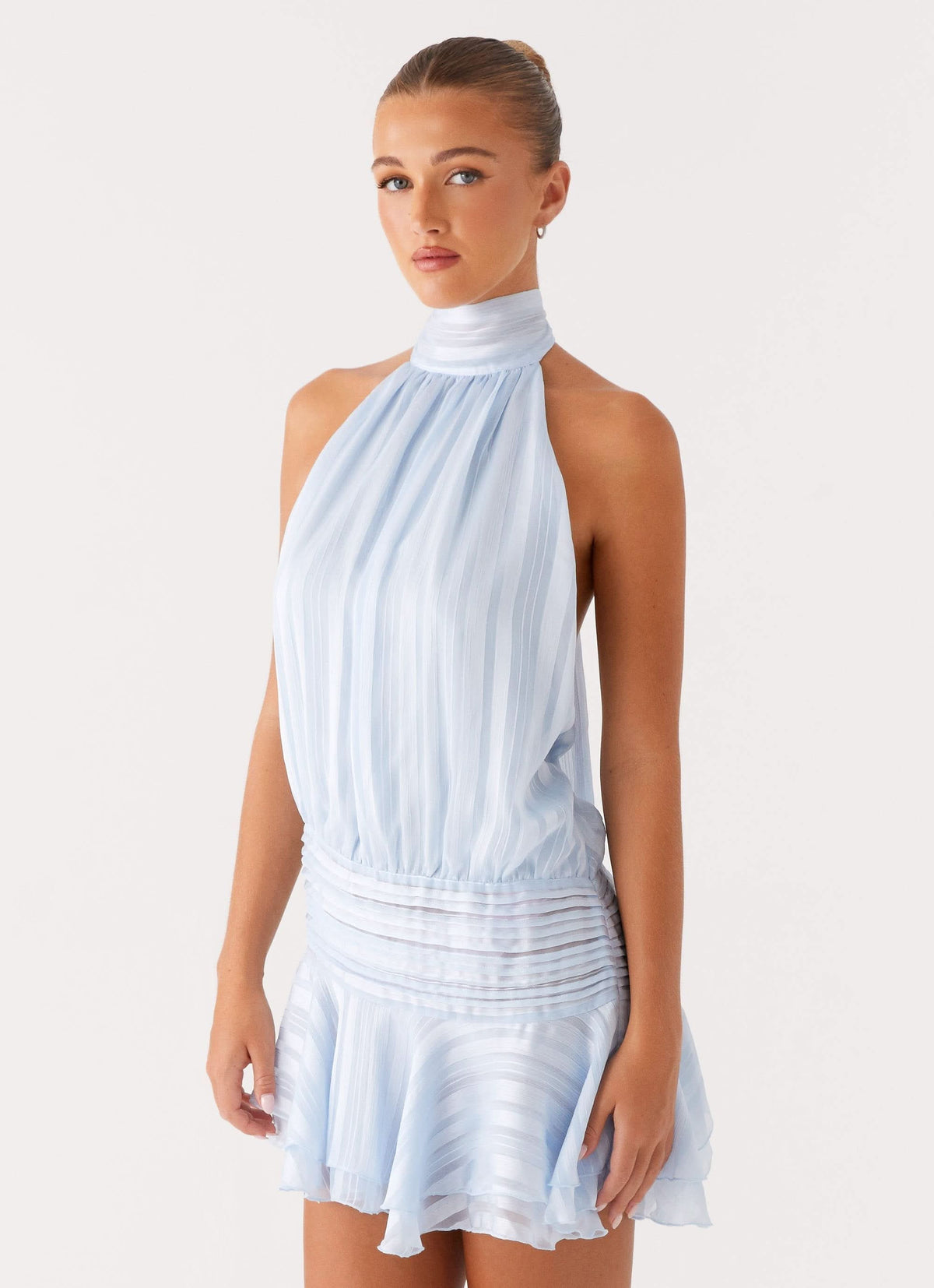 Striped Chiffon High Neck Halter Drop Waist Ruffle Mini Dress 3