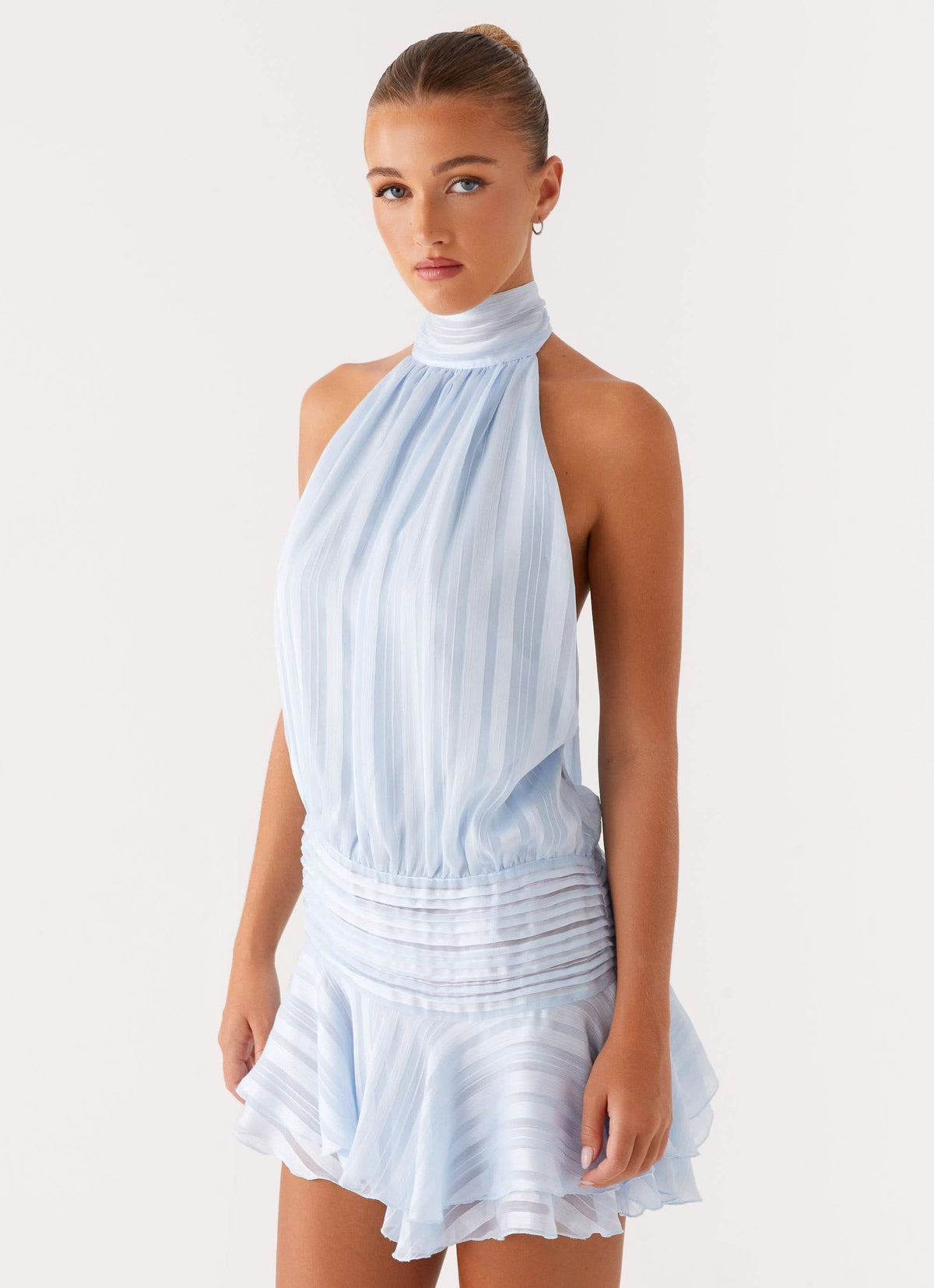 Striped Chiffon High Neck Halter Drop Waist Ruffle Mini Dress