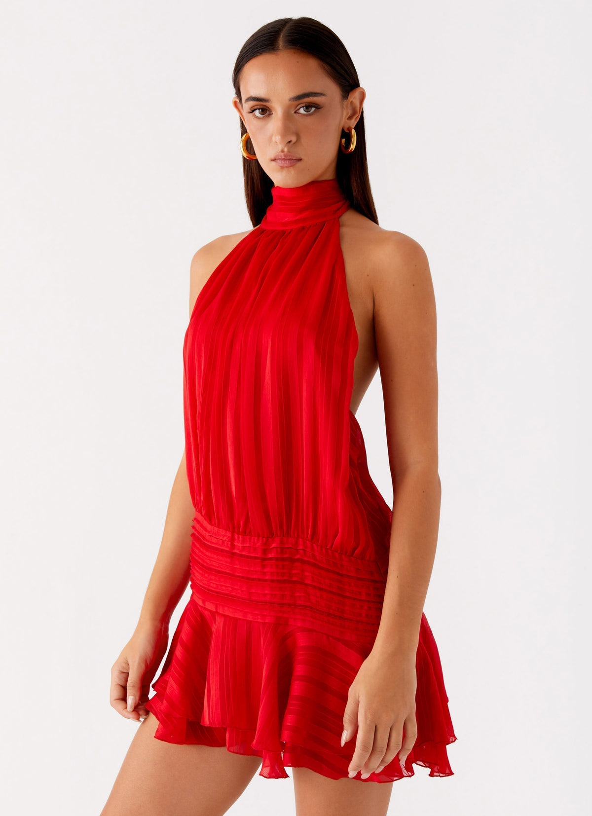 Halter High Neck Striped Chiffon Drop Waist Ruffle Mini Dress 10