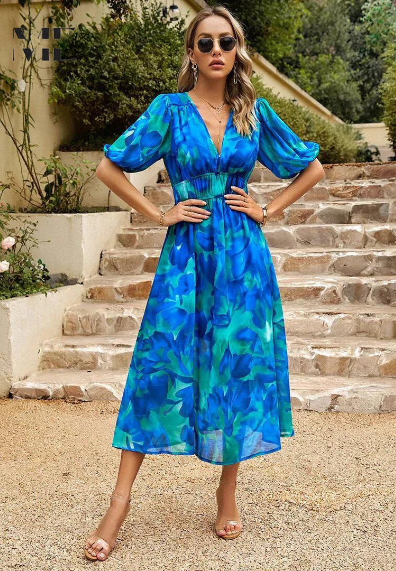 Floral Chiffon V-Neck Short Sleeve Midi Dress 11
