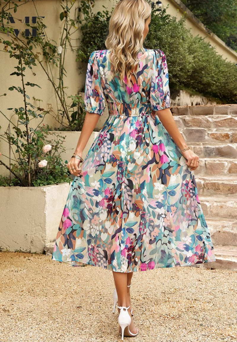 Floral Chiffon V-Neck Short Sleeve Midi Dress 3