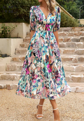Floral Chiffon V-Neck Short Sleeve Midi Dress 4