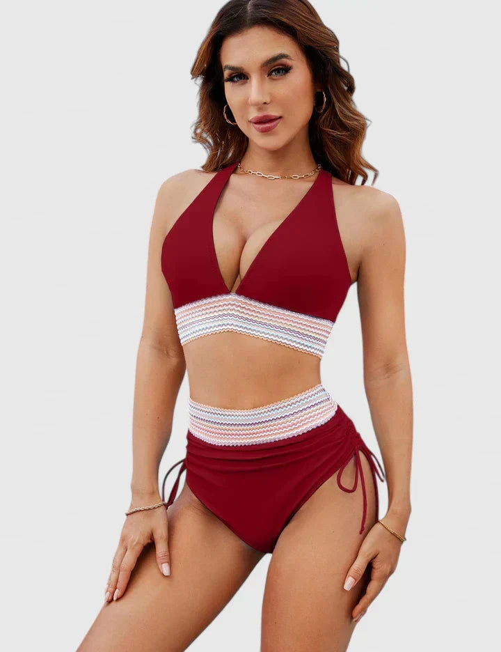 Triangle Top Ruched Chevron Trim High Waist Bikini Set