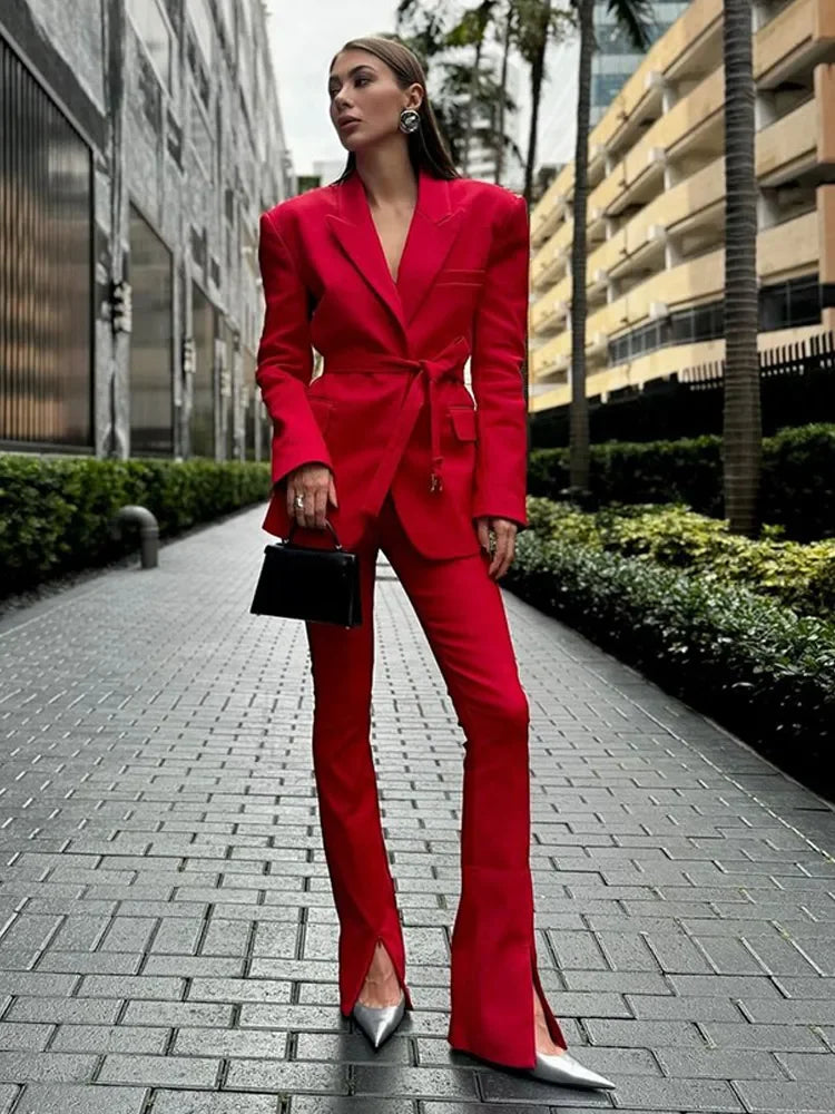 Peak Lapel Padded Shoulder Belted Longline Blazer 5