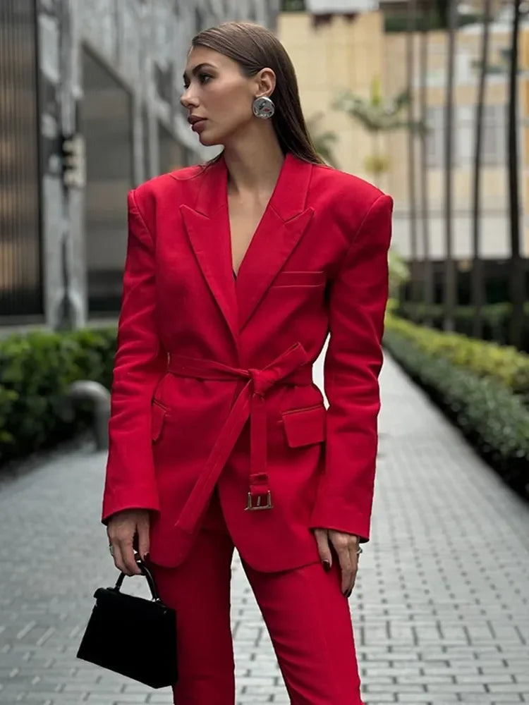 Peak Lapel Padded Shoulder Belted Longline Blazer