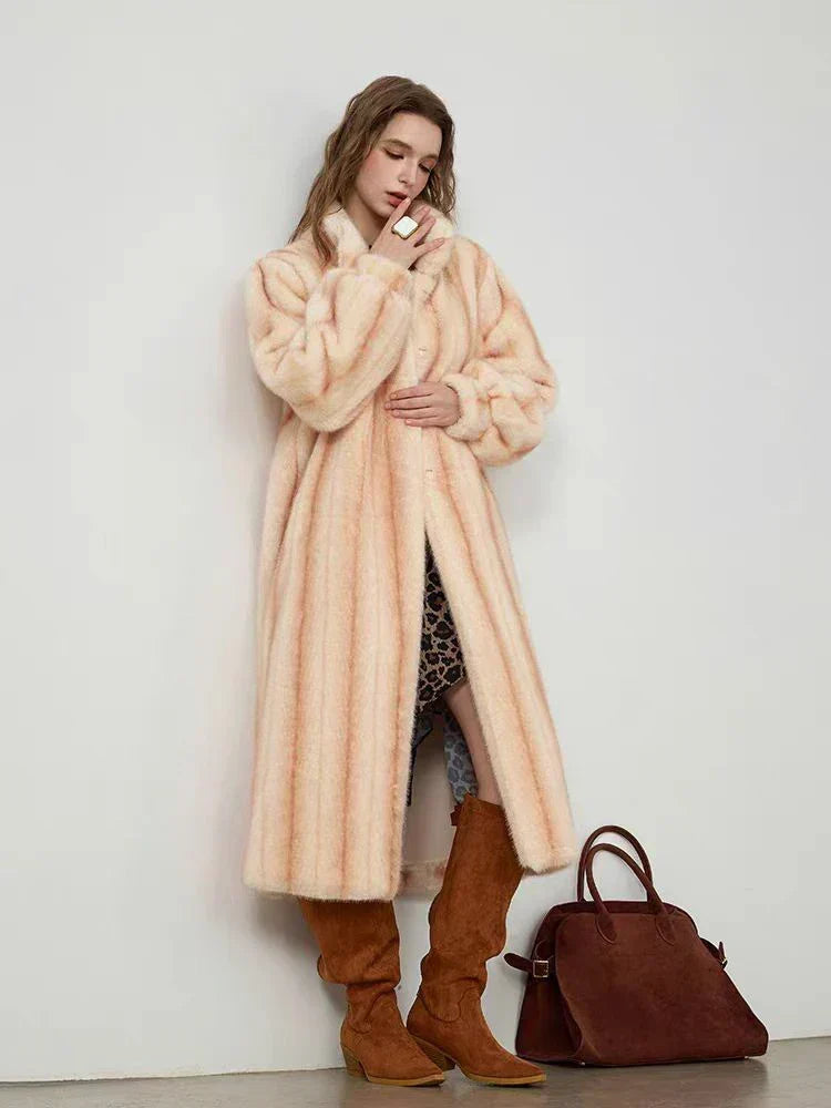 Striped Faux Fur Stand Collar Balloon Sleeve Long Coat 3