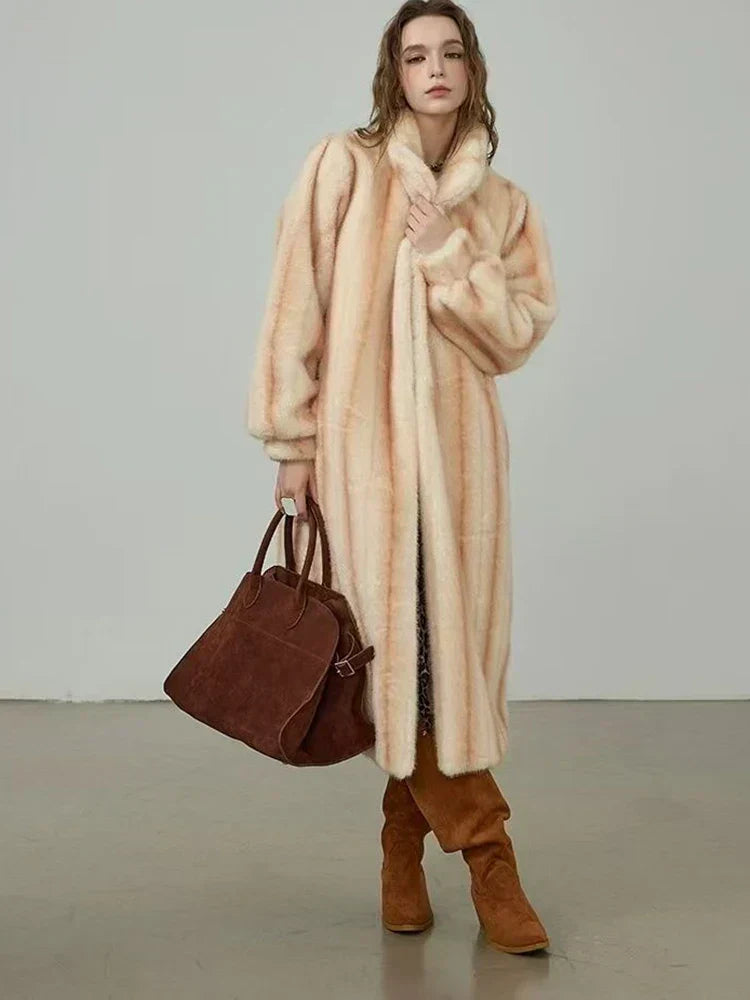 Striped Faux Fur Stand Collar Balloon Sleeve Long Coat